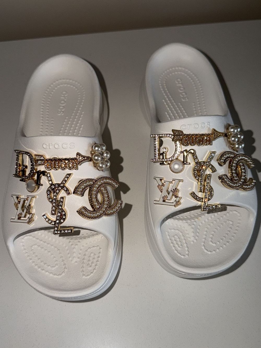 CROCS White platform Slide Sandals with Gold Logo Charms